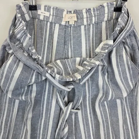 Loft Wide Leg Linen Pants Women M Gray White Striped Slash Pockets Tie Waist - Picture 8 of 11